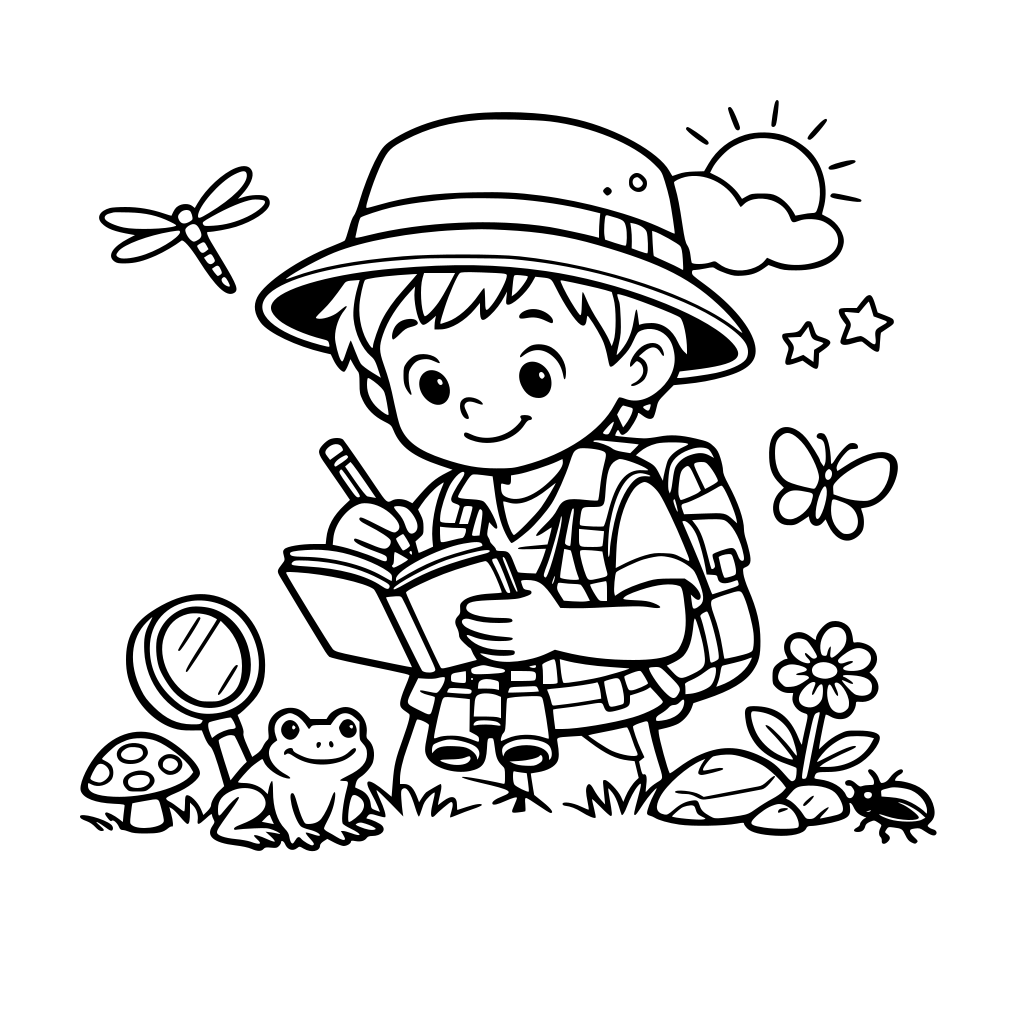 un niño con pinta de explorador, investigando cosas en el entorno y anotando en su cuaderno