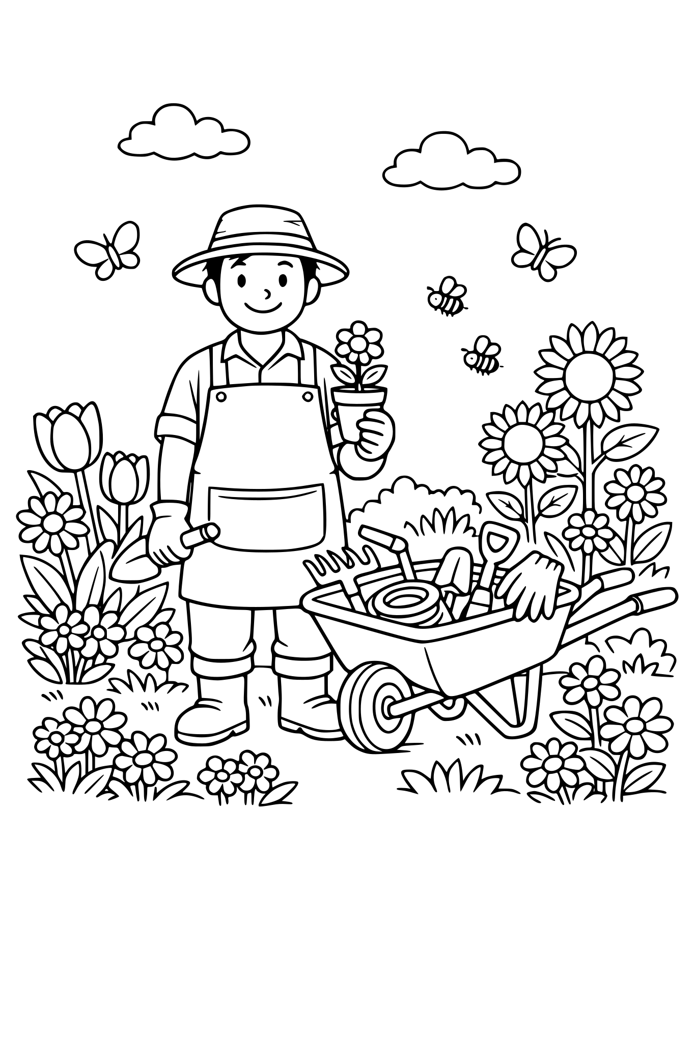 coloriage de printemps avec un jardinier qui porte un tablier, dans un jardin tres fleuri. A cote de lui il y a une brouette avec des outils de jardinage à l'intérieur.