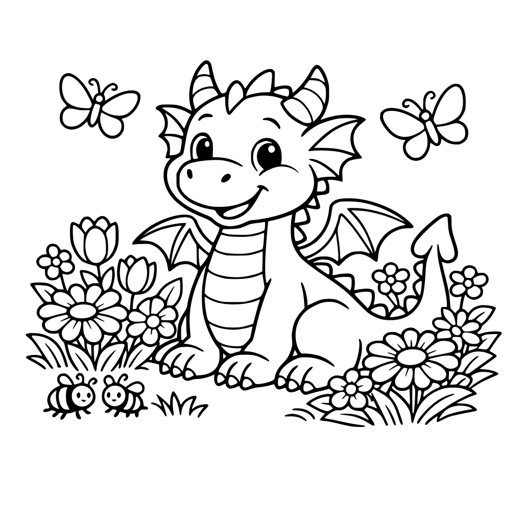 تنين ودود في حديقة مليئة بالزهور