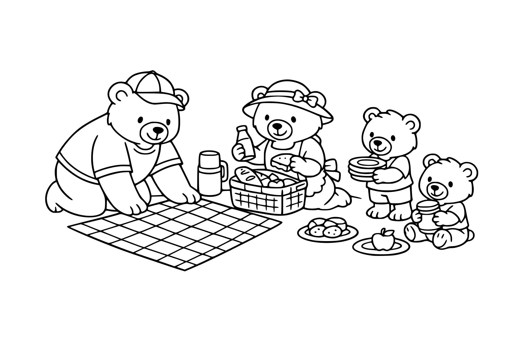 Bear family setting up a picnic. Keep rounded shapes + minimal line weight variation.