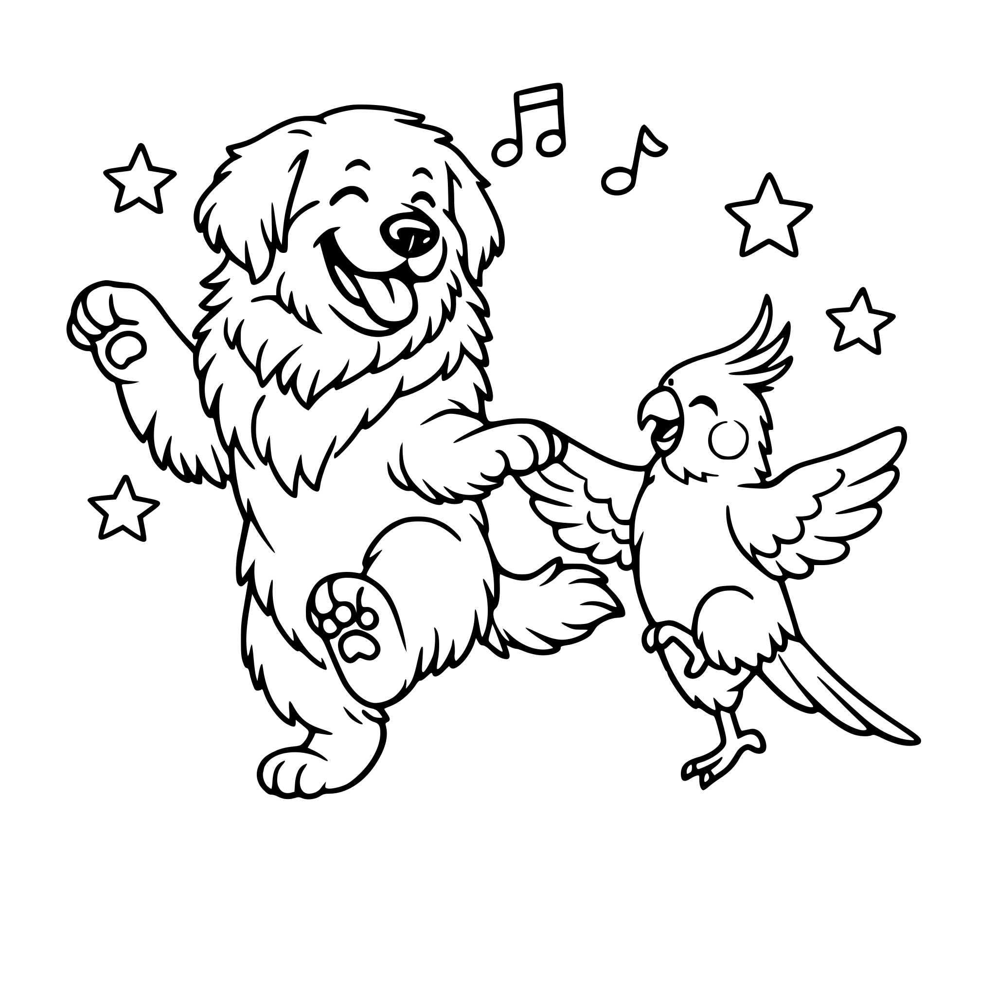 een leonberger en een valkparkiet die samen een dansje doen