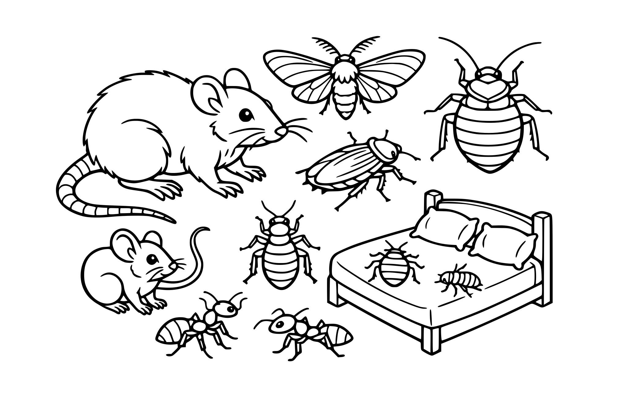 coloriages sur le thème des nuisibles, rats, souris, blattes, fourmis, mites, punaises de lit