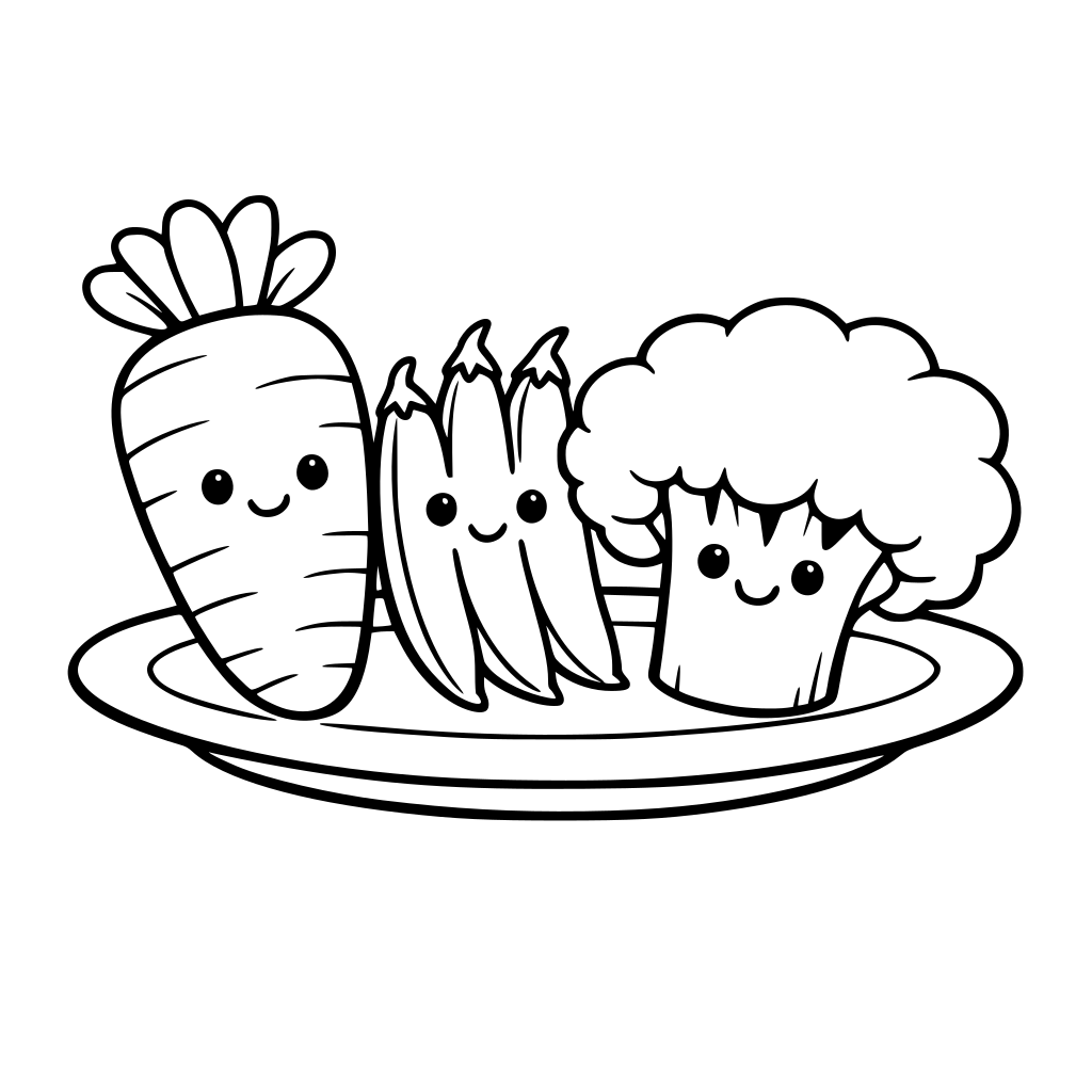 in a plate, there's three cute veggies. One carrot , green beans and broccoli