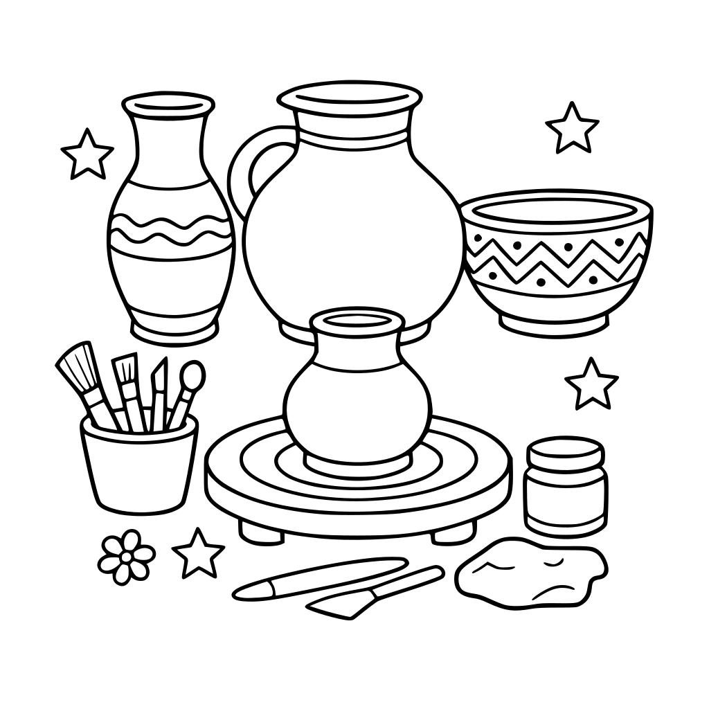 Create a coloring poster of pottery for grade 2 pupil