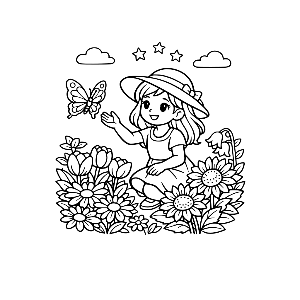garden+flowers+a girl + butterfly