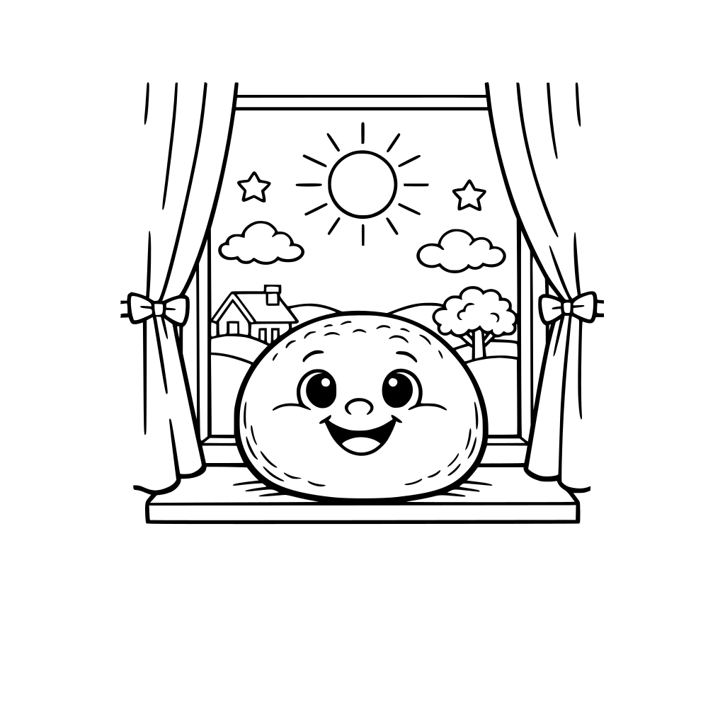 Pampúšik na okne: Veselý guľatý bochník s očkami a úsmevom.