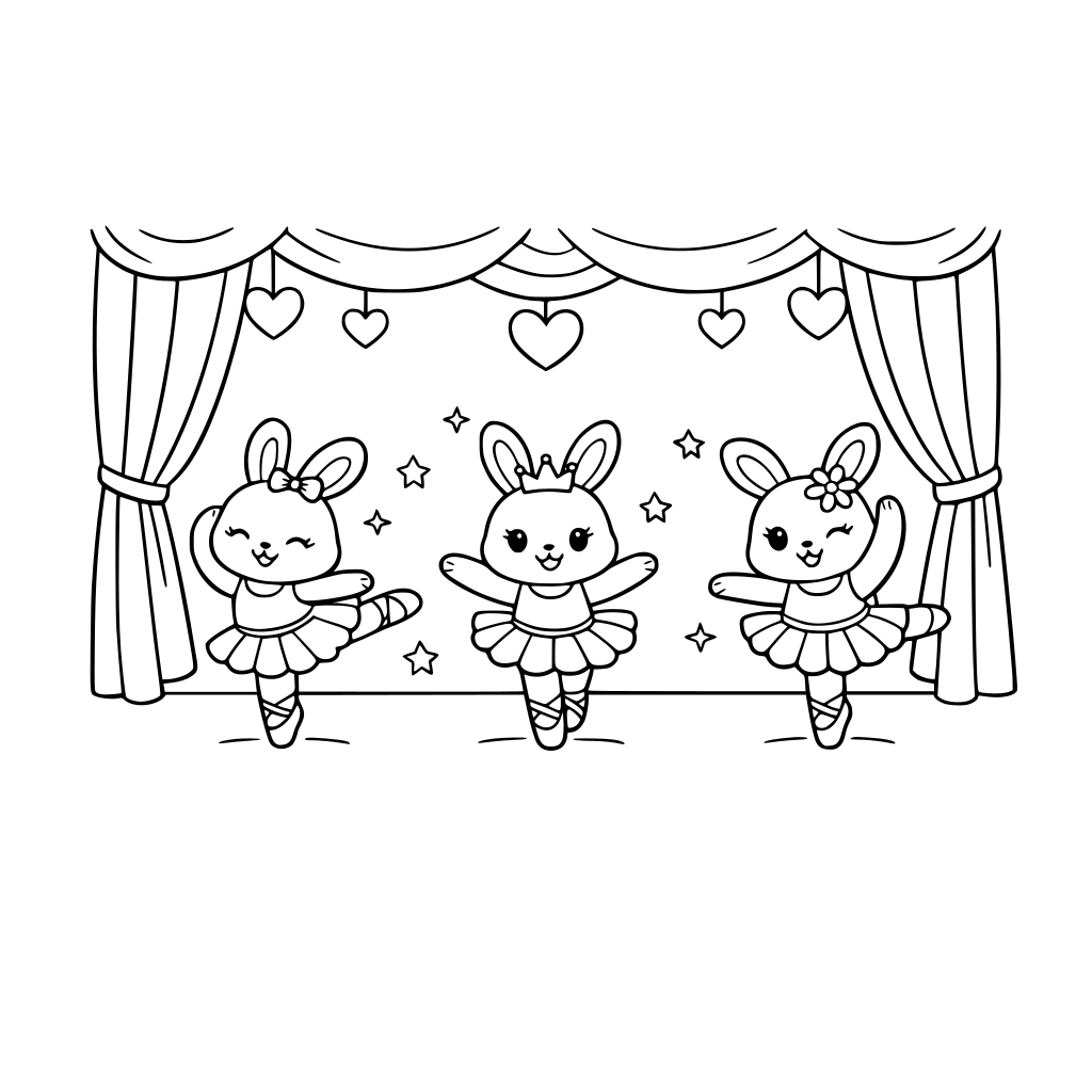 Simple stage curtains with hearts with three bunny ballerinas dancing on stage,