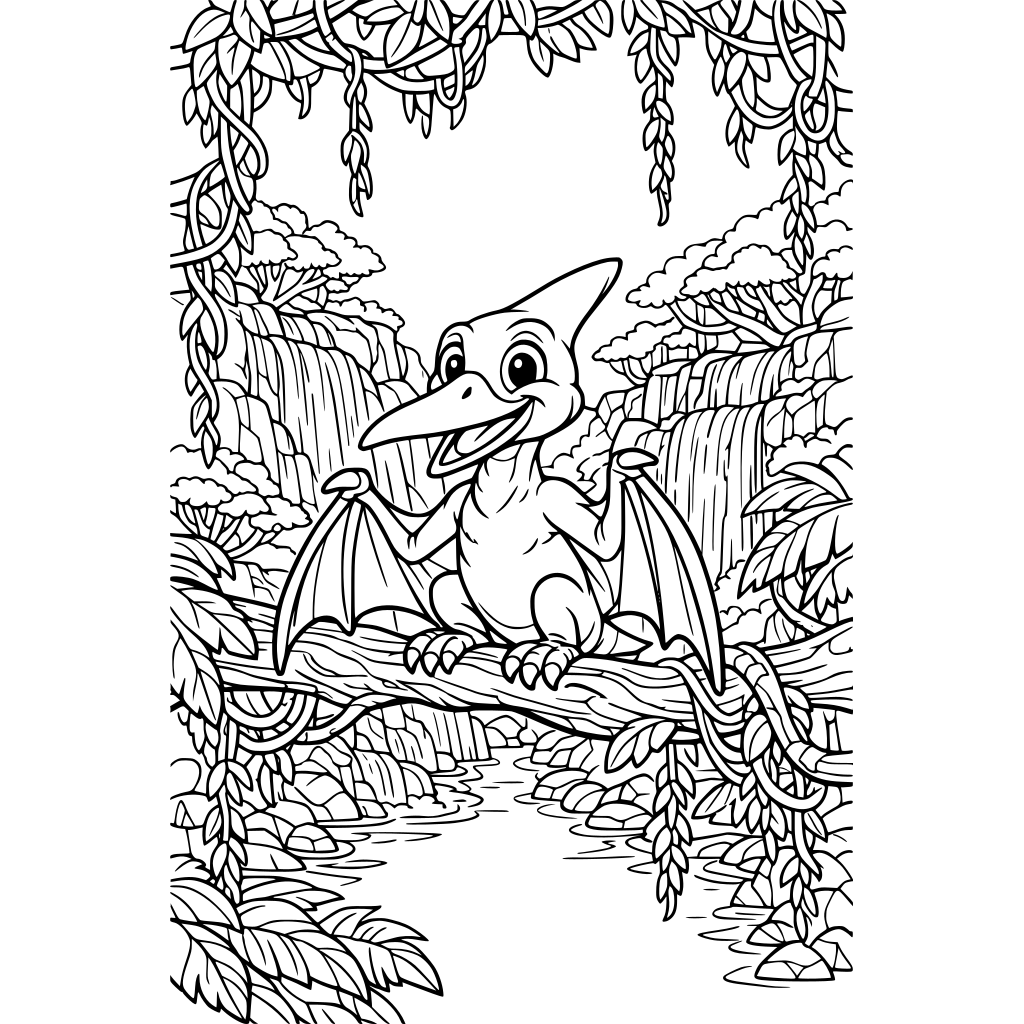 Portrait oriented coloring book page that is black and white with a friendly pterodactyl perched on a tree branches. Background has jungle vines, tree branches, and waterfalls. Fill the whole page with great detail to the borders.