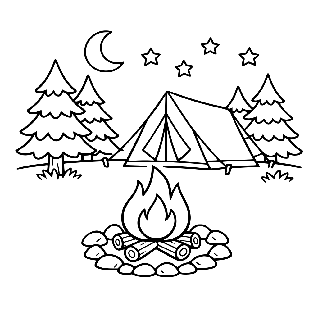 simple campfire and tent in the forest