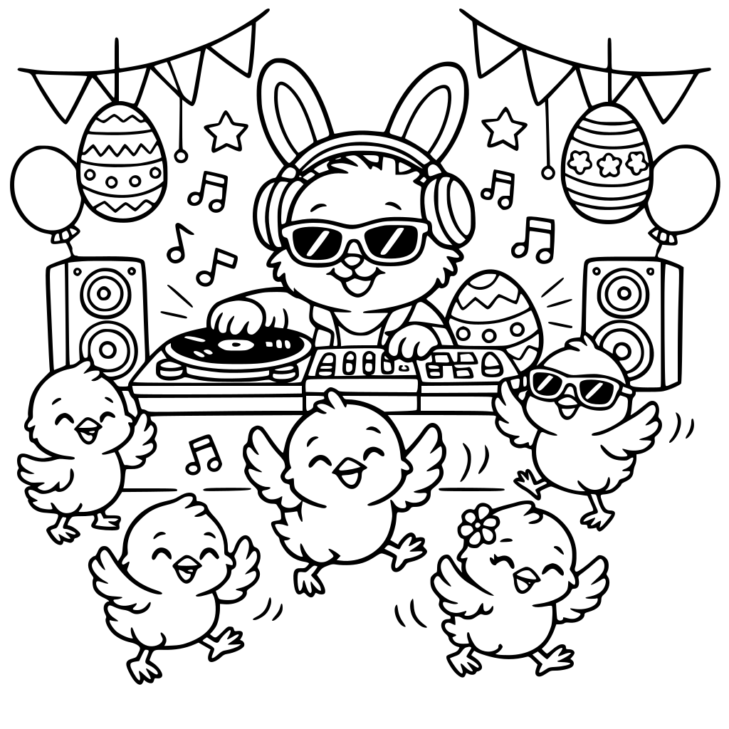 Bunny DJ playing music at an Easter party with dancing chicks