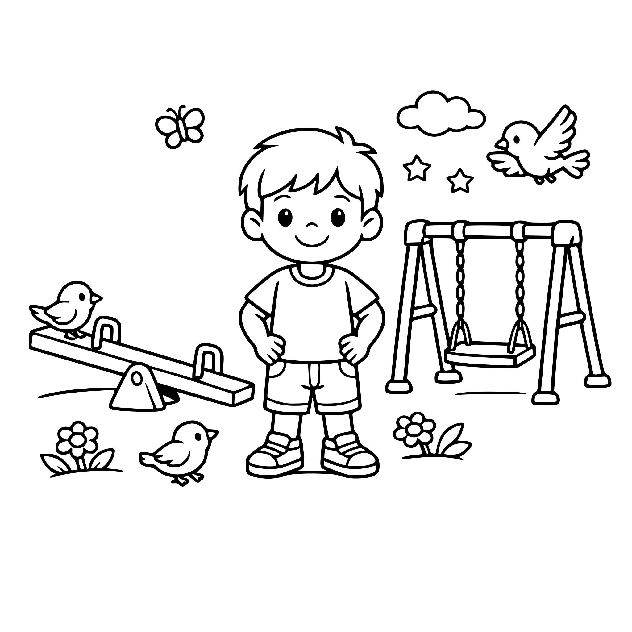 Boy in a playground with seesaw, swing and birds.