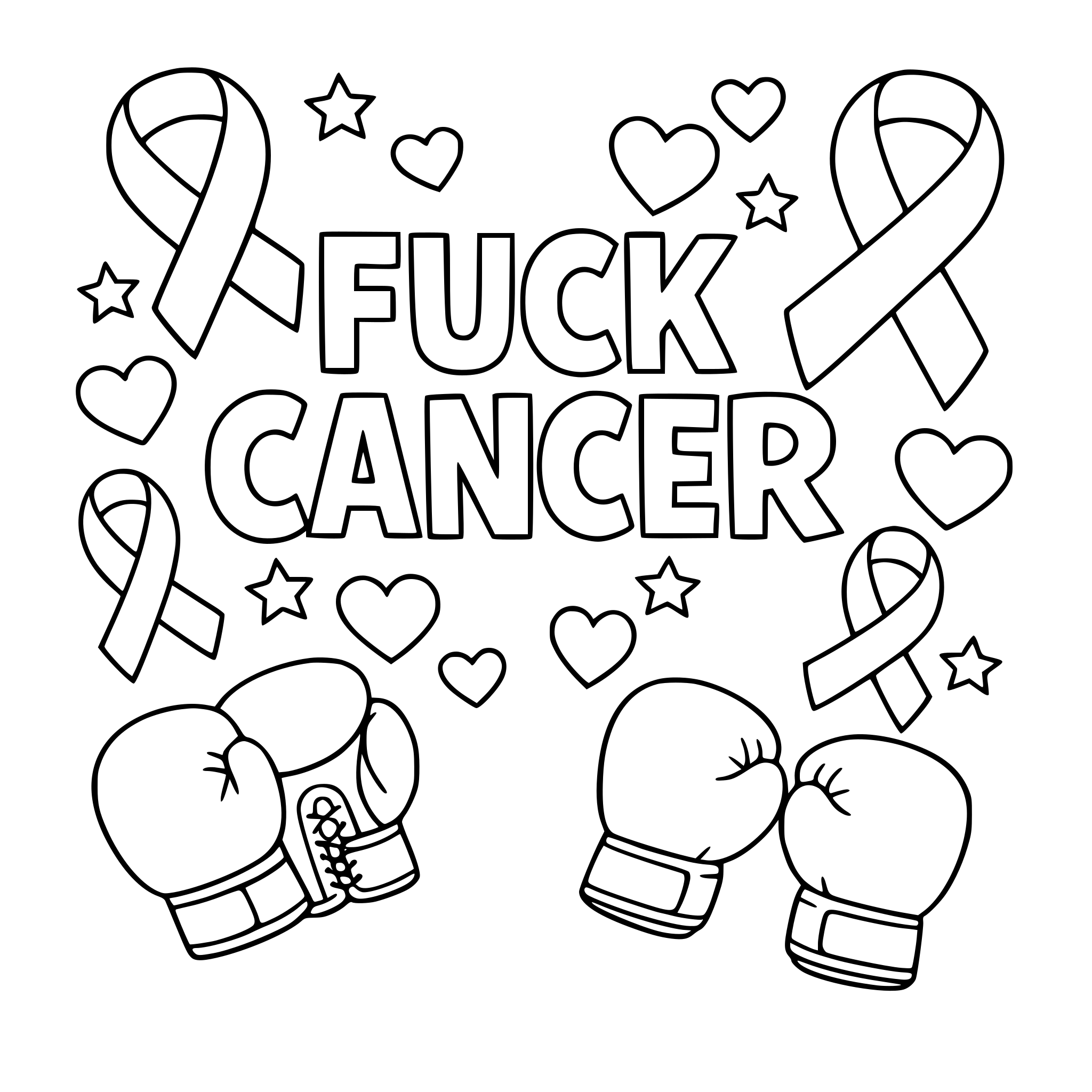 Outlined fuck cancer with different size cancer ribbons, boxing gloves and hearts