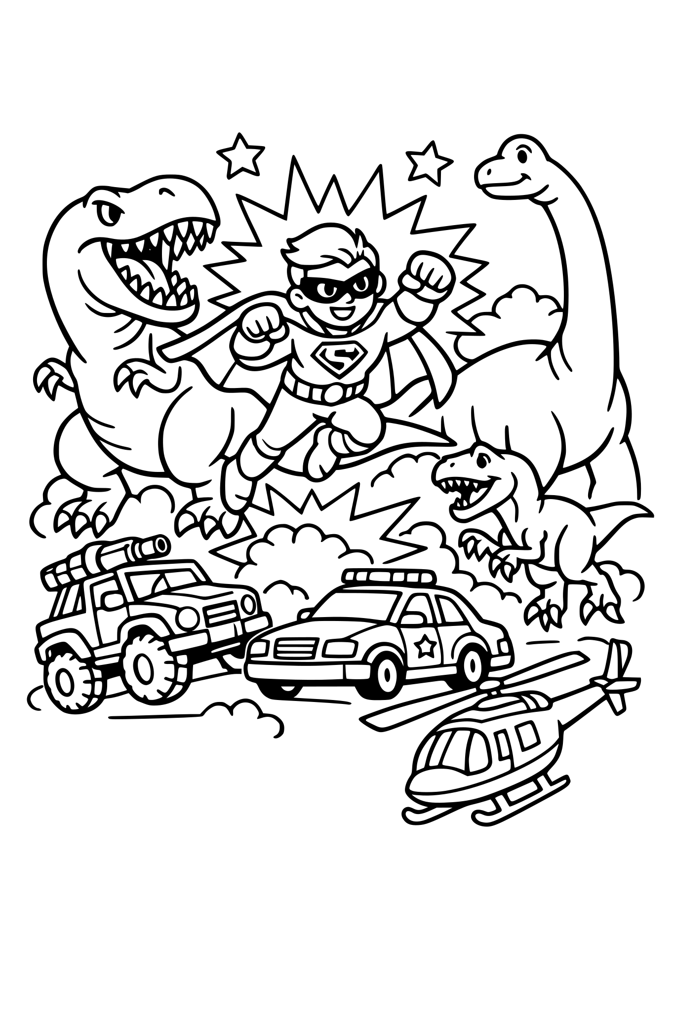 superhero, dinosaurs, and vehicles in fun action scenes – black and white line art, thick outlines, no shading, simple, large spaces, white background”