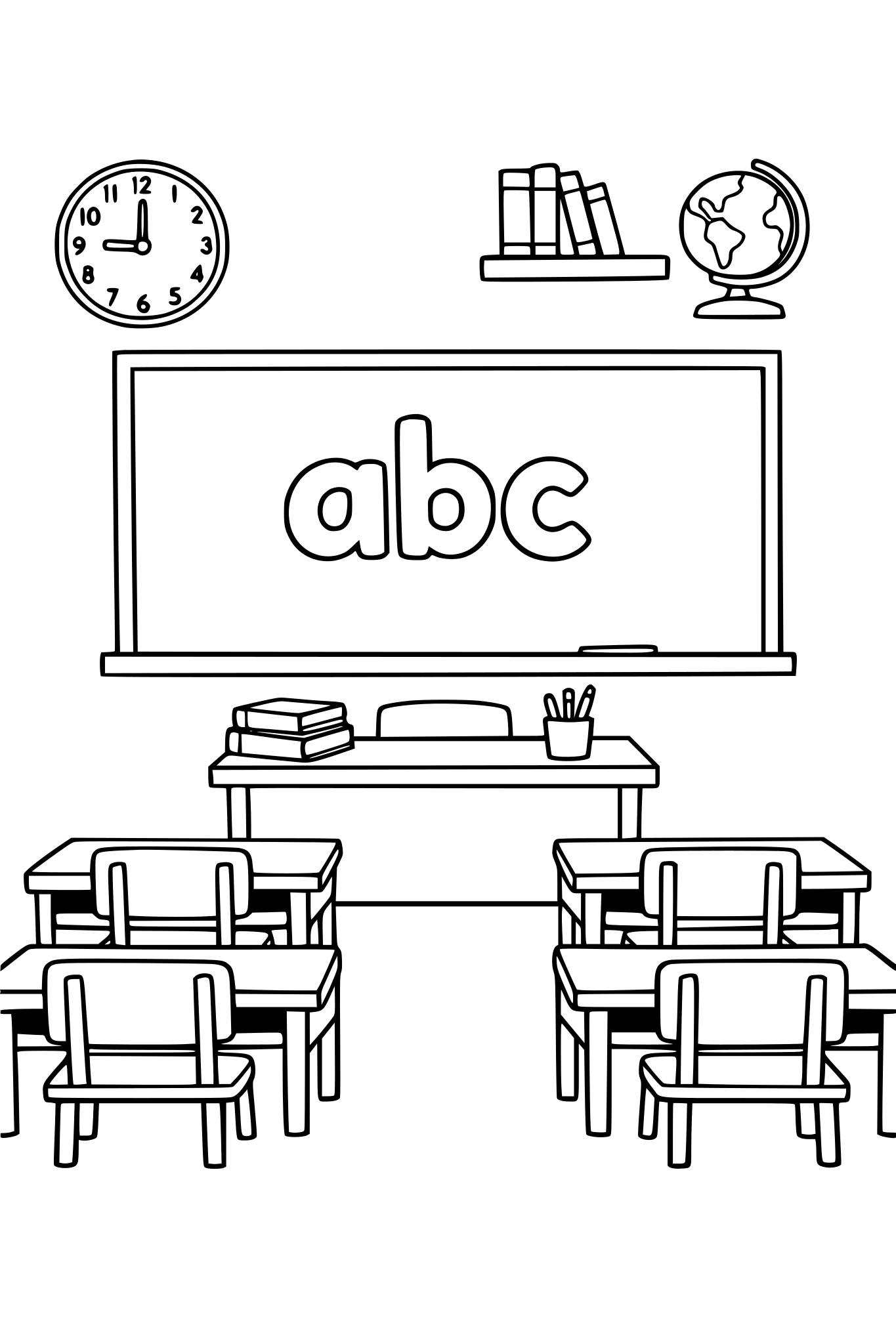 classroom with desks and board abc on the bord