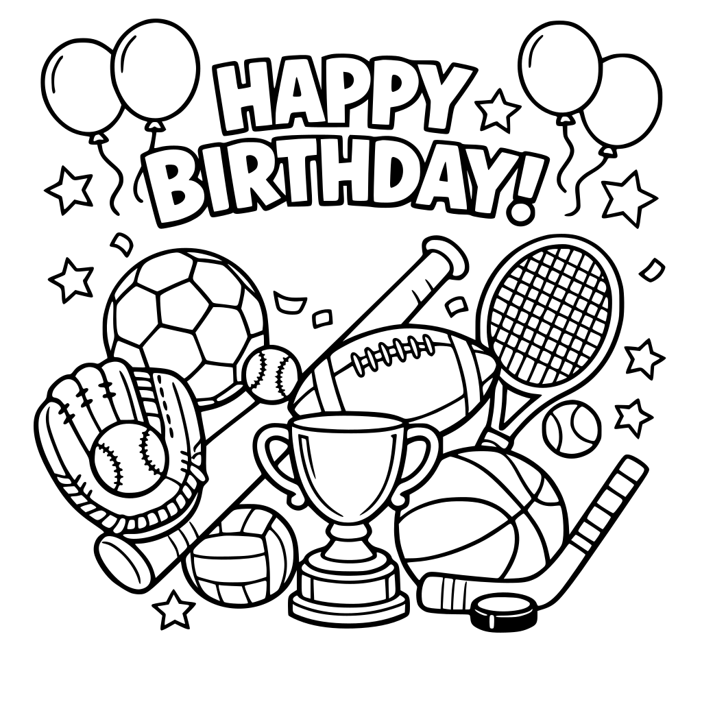 Create a sports theme birthday coloring page