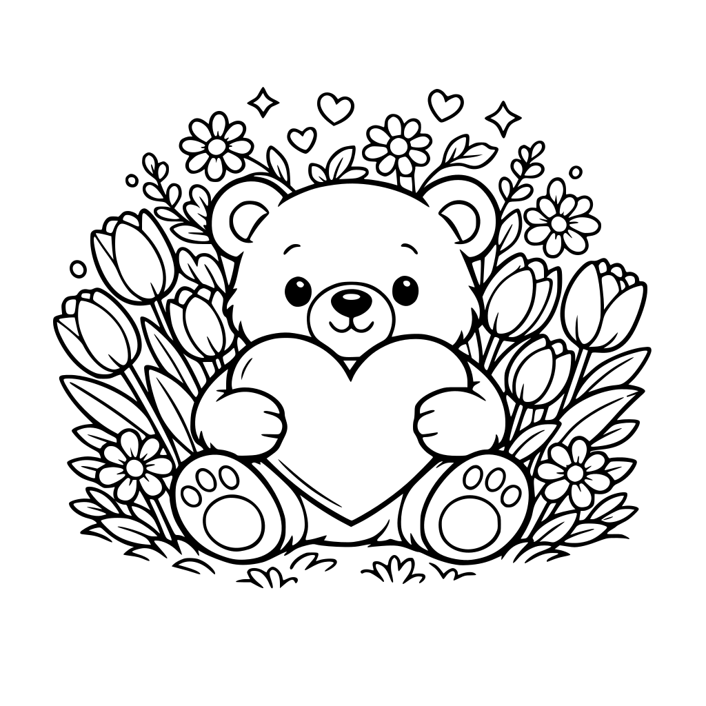 Cute cozy fine art line wenig zwart. Beer hart en bos bloeme lente tulpen.