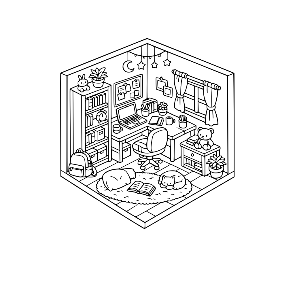 cozy and cute study room, corner, 3d isometric