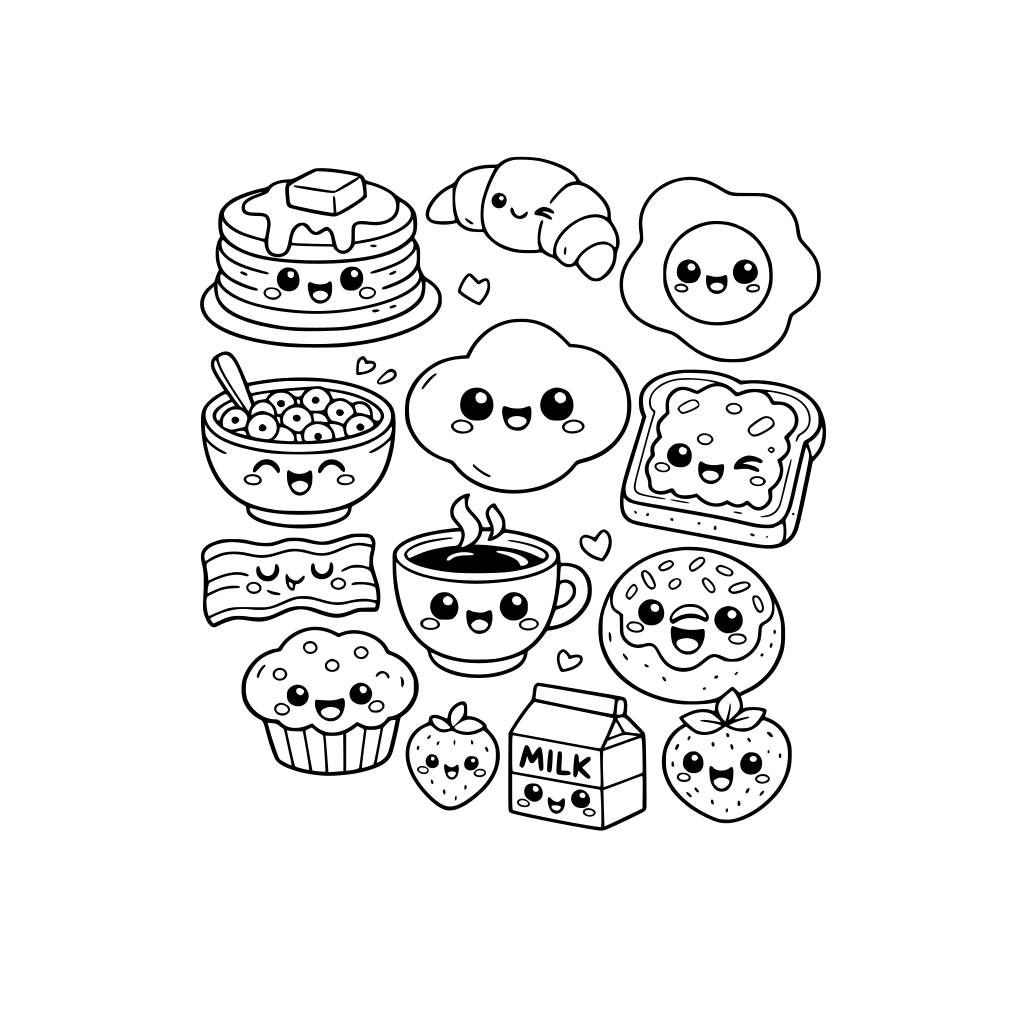 various breakfast food items, all kawaii, different facial expressions, do not repeat food items