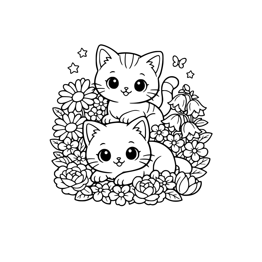 gatos pequeños rodeados de flores