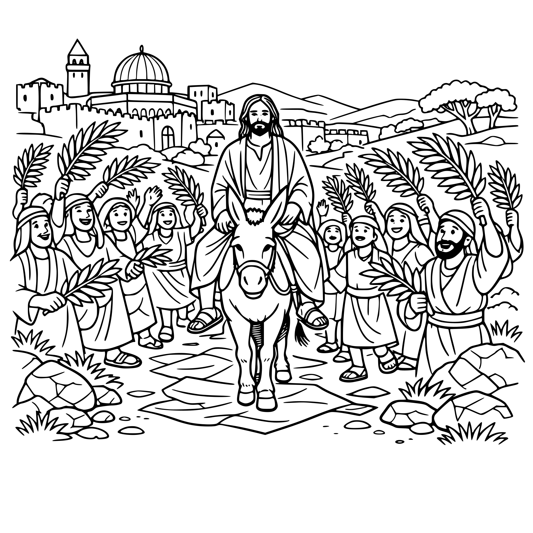Show Jesus riding into Jerusalem on a donkey, surrounded by a crowd waving palm leaves excited to see him, include buildings of Jerusalem and landscape items such as trees, rocks and grass