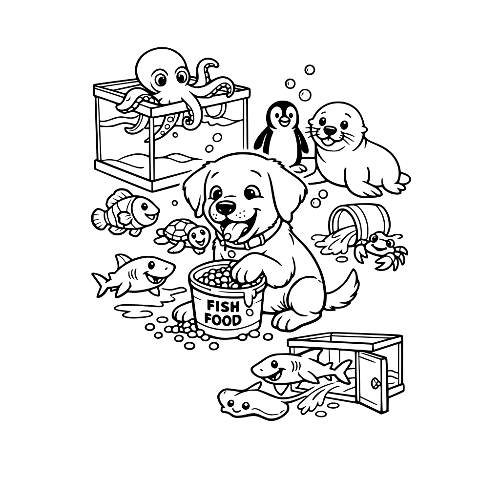 a playful labrador puppy called ruby who goes to the aquarium and meets lots of aquarium friends and also gets into mischief by eating their food and letting some of the animals out of their enclosure