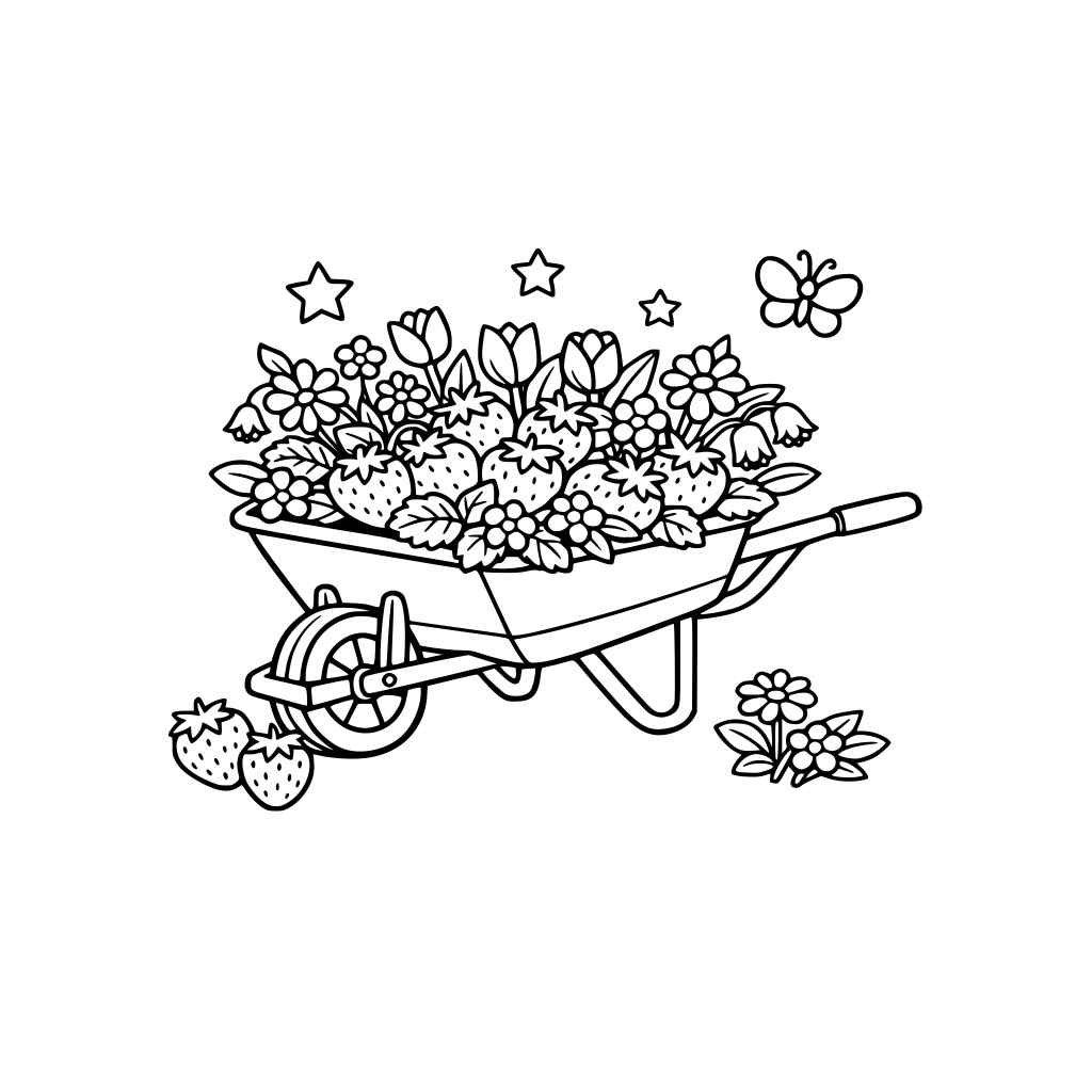 wheelbarrow with strawberries and spring flowers