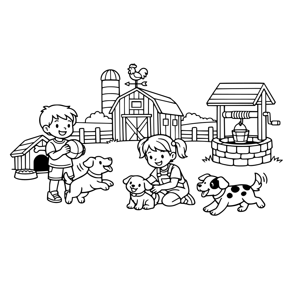 Malbuch für Kinder bis 7 Jahre. 15 Seiten. Thema Bauernhof. Verschiedene Tiere auf verschiedenen Seiten.Hunde, Katzen, Hühner,Schafe, Ziegen Kühe. Spielende Kinder. Wasser, Brunnen,