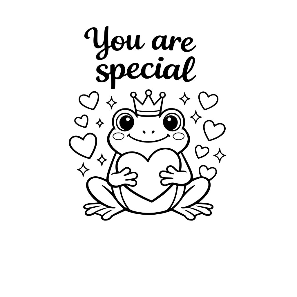 A frog wearing a tiny crown holding a heart. Big Text: "You are special. Hearts and sparkles around.