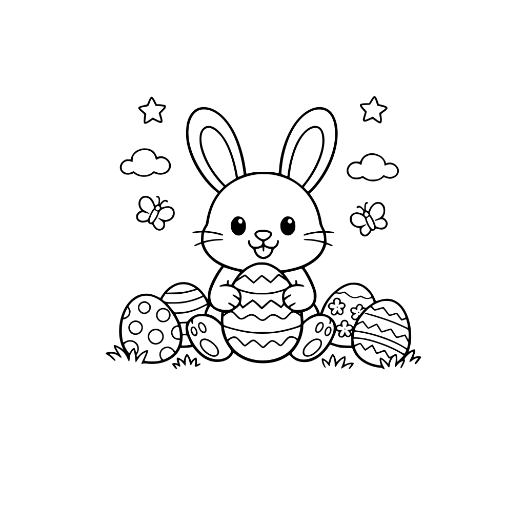 high resolution for a 8.5 x 11 in page, cute easter bunny cartoon and easter egg scene, keep it simple for a young kid to color