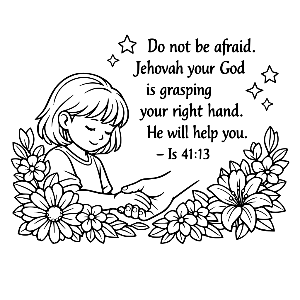 Chloe Do not be afraid. Jehovah your God is grasping your right hand. He will help you.- Is 41:13 Have flowers in the pictures with the exact words above.