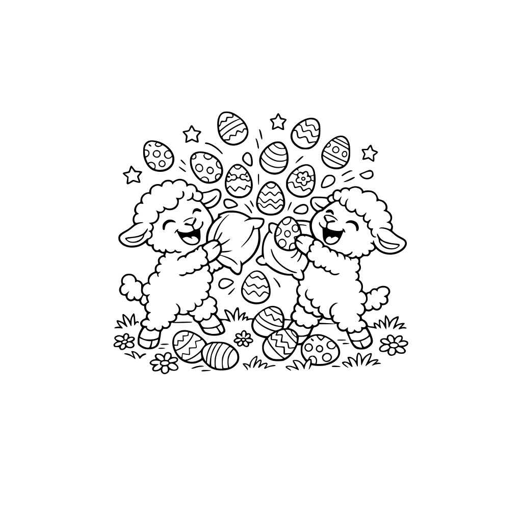 Lambs having a pillow fight with Easter eggs instead of feathers, laughing in the meadow, kids friendly