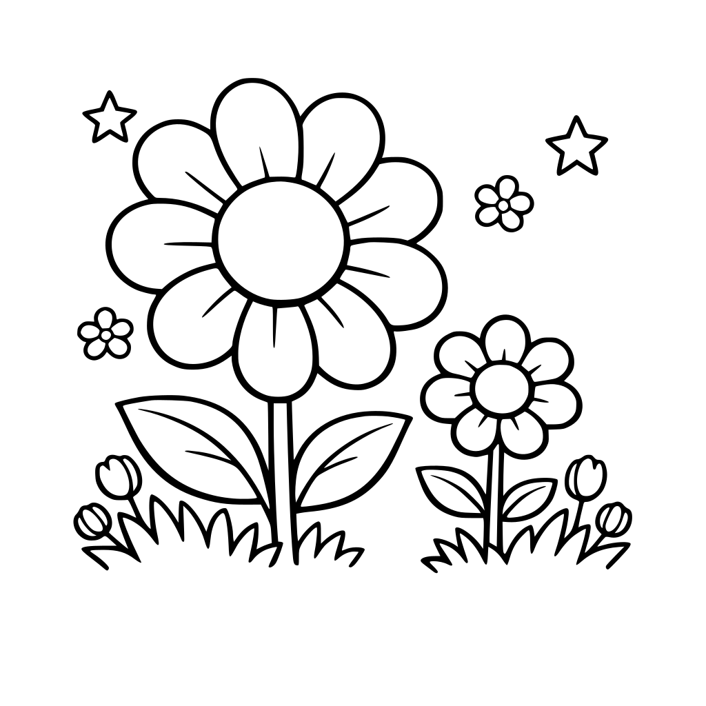 Een grote bloem en een kleine bloem langst elkaar in de tuin.