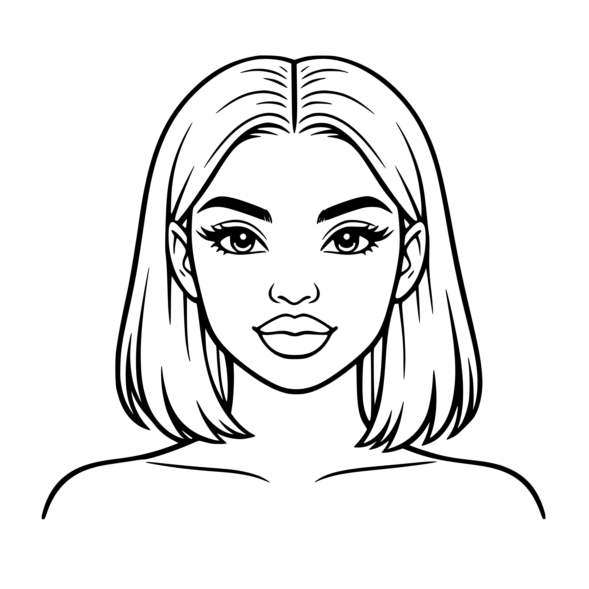 Brown black girl with almond shape eyes, high arch eyebrows - begin with a soft, natural density then arch positioned toward the outer third of the eye, the tail taper off into a clean, sharp point, middle part medium hair to the shoulders and full lips