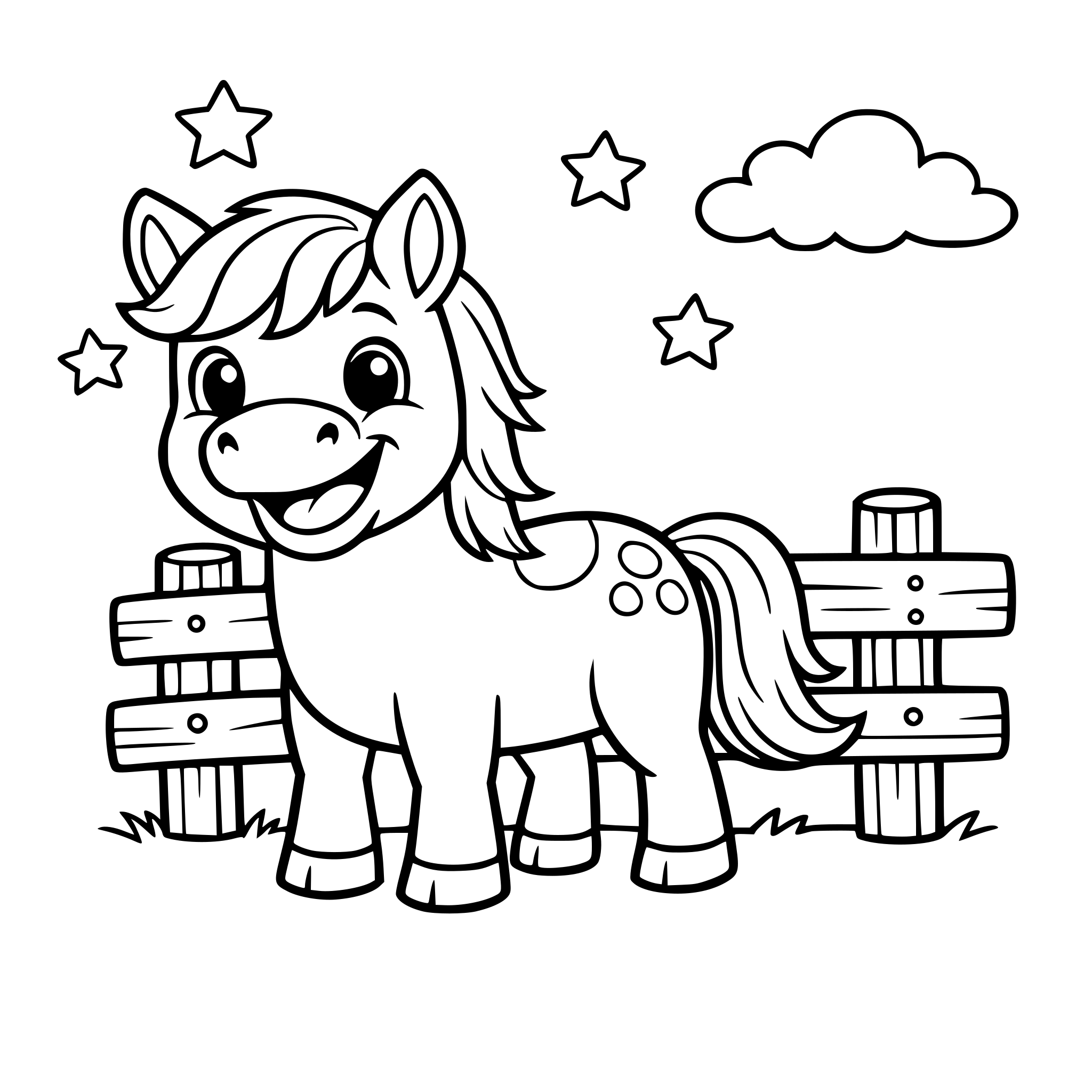 Cute horse smiling and standing near a wooden fence