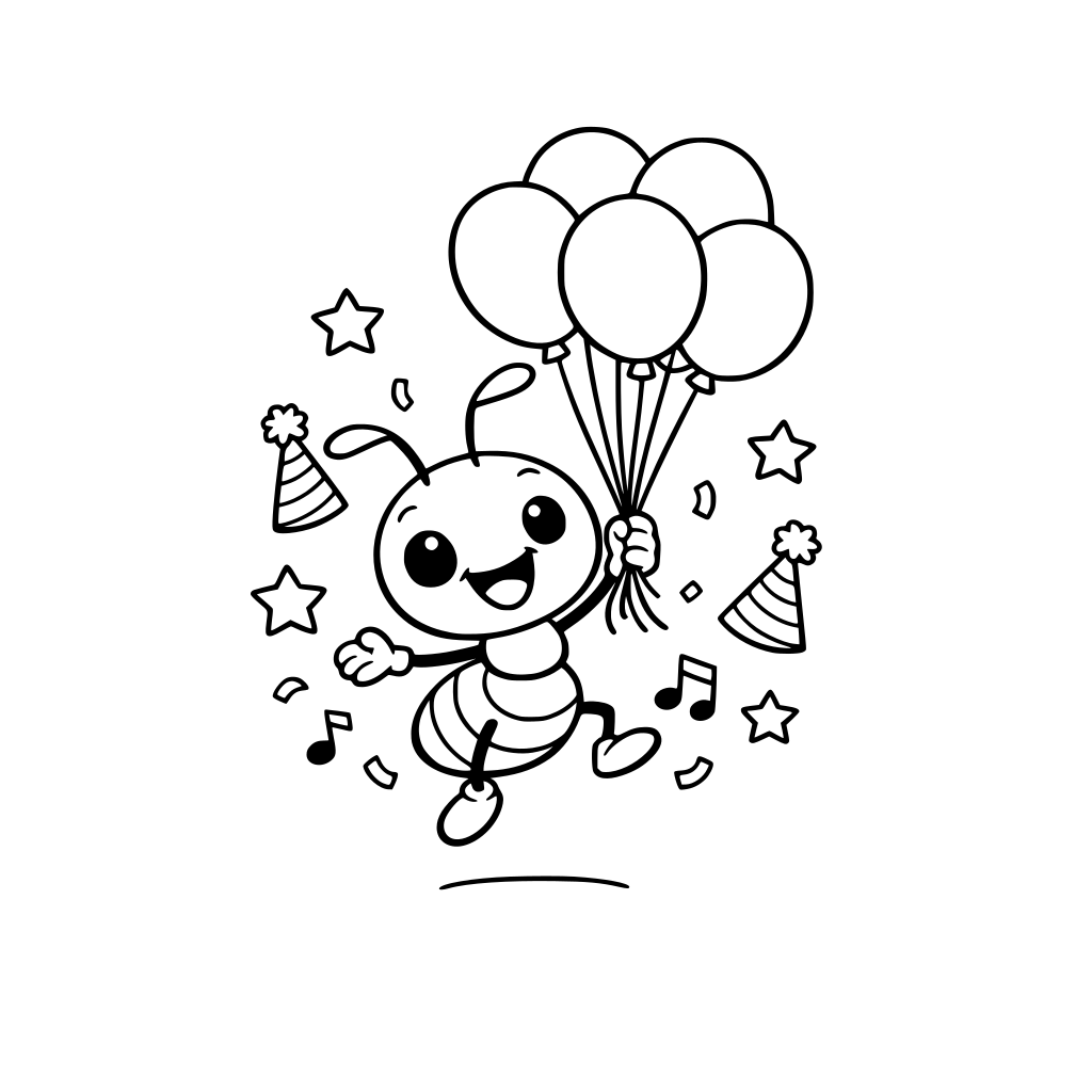 A cheerful ant holding a bunch of balloons and floating slightly off the ground, big happy smile, party atmosphere, cute cartoon style, black and white line art, thick outlines, white background, no shading.