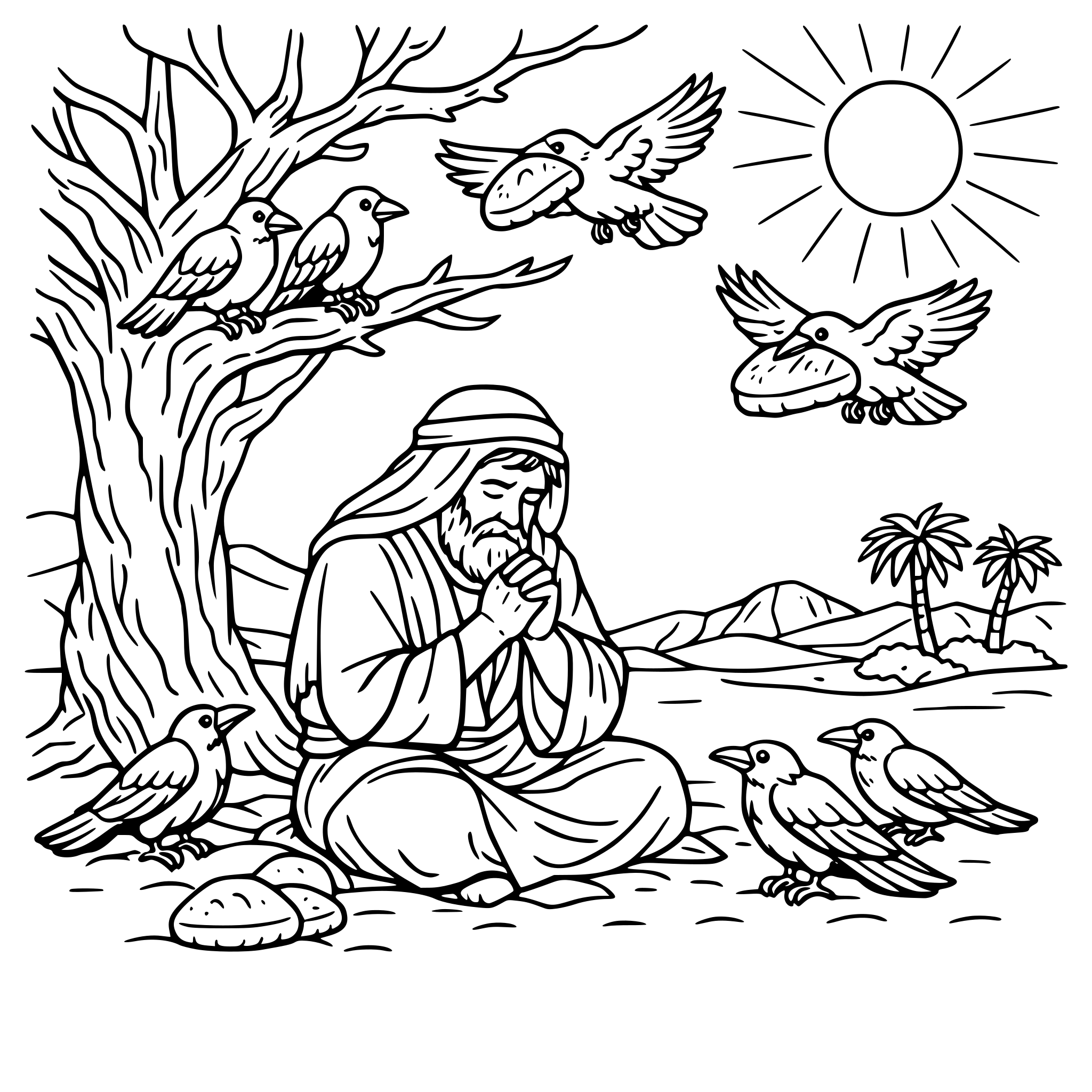 Show Elijah in the desert looking hungry, sitting down by a tree praying. Include ravens sitting in the tree and sitting on the ground near him. Have several ravens carrying large pieces of bread to Elijah. Include landscape elements such as sand, desert trees and the sun