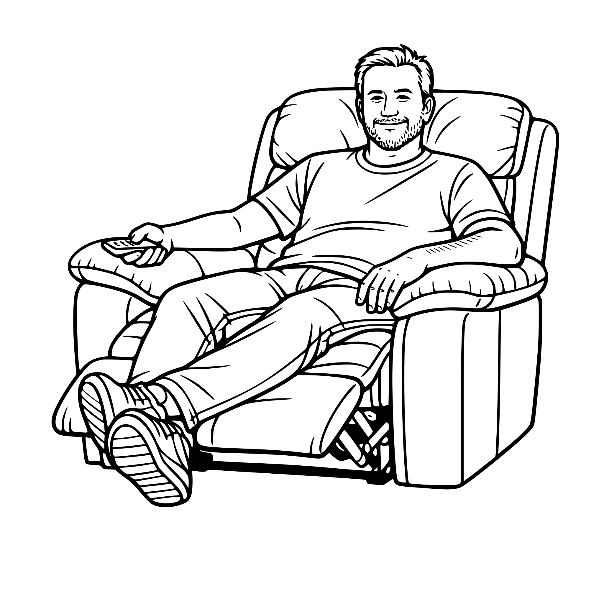 Create an image of a real man dressed casually, sitting in a comfortable recliner chair. White background, isolated.