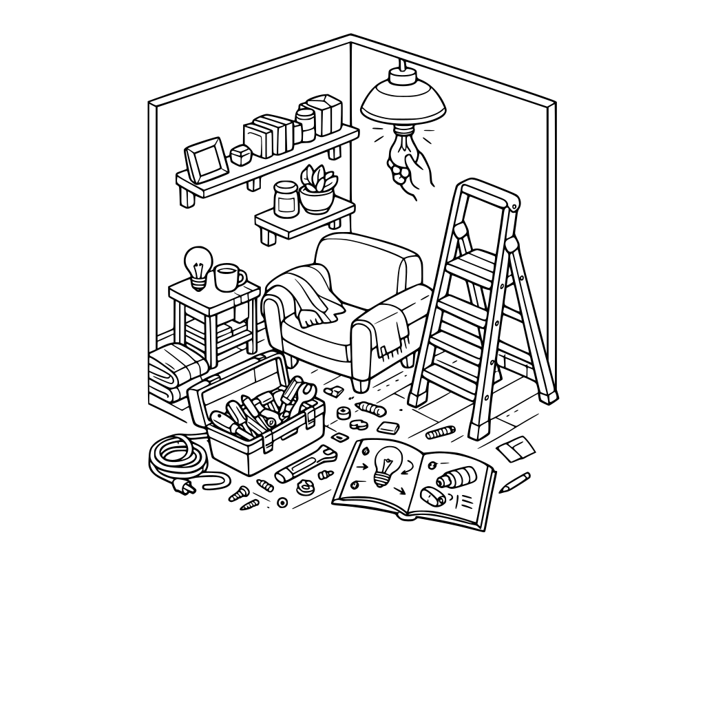 hygge style, cute and cozy, 3d isometric, apartment corner, Toolbox open, ladder nearby, lightbulb being replaced, instruction manual open. no characters, no animals, a little messy