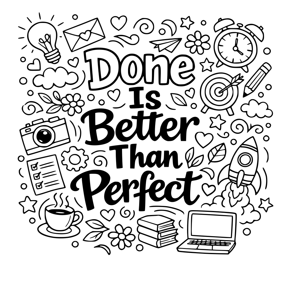 adult coloring page with the saying Done Is Better Than Perfect on it with doodles to color in around the words