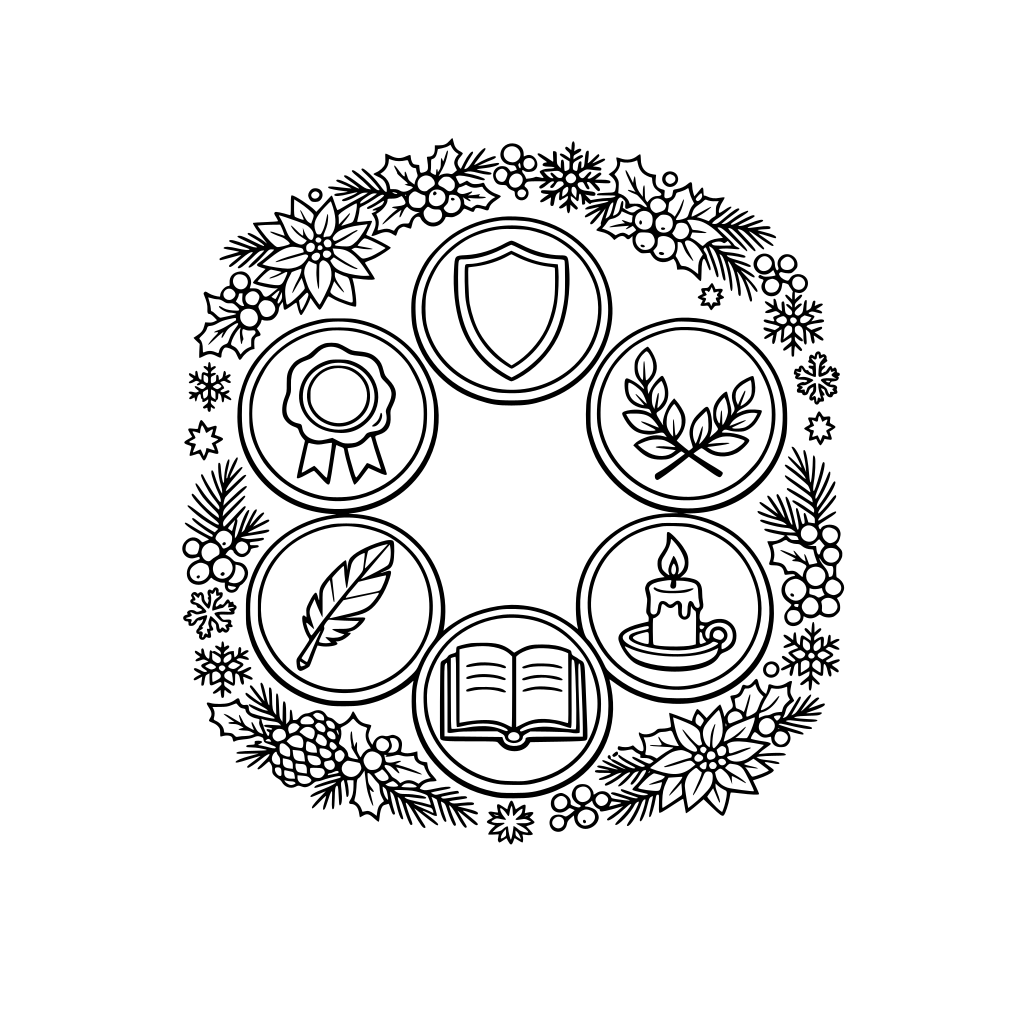 “Black-and-white coloring page, 6 large coin medallions (clear sections) arranged in a circle, each coin has a simple symbol: shield, laurel, seal, quill, ledger, candle. Winter floral border. Thick outlines, no shading, no words.”