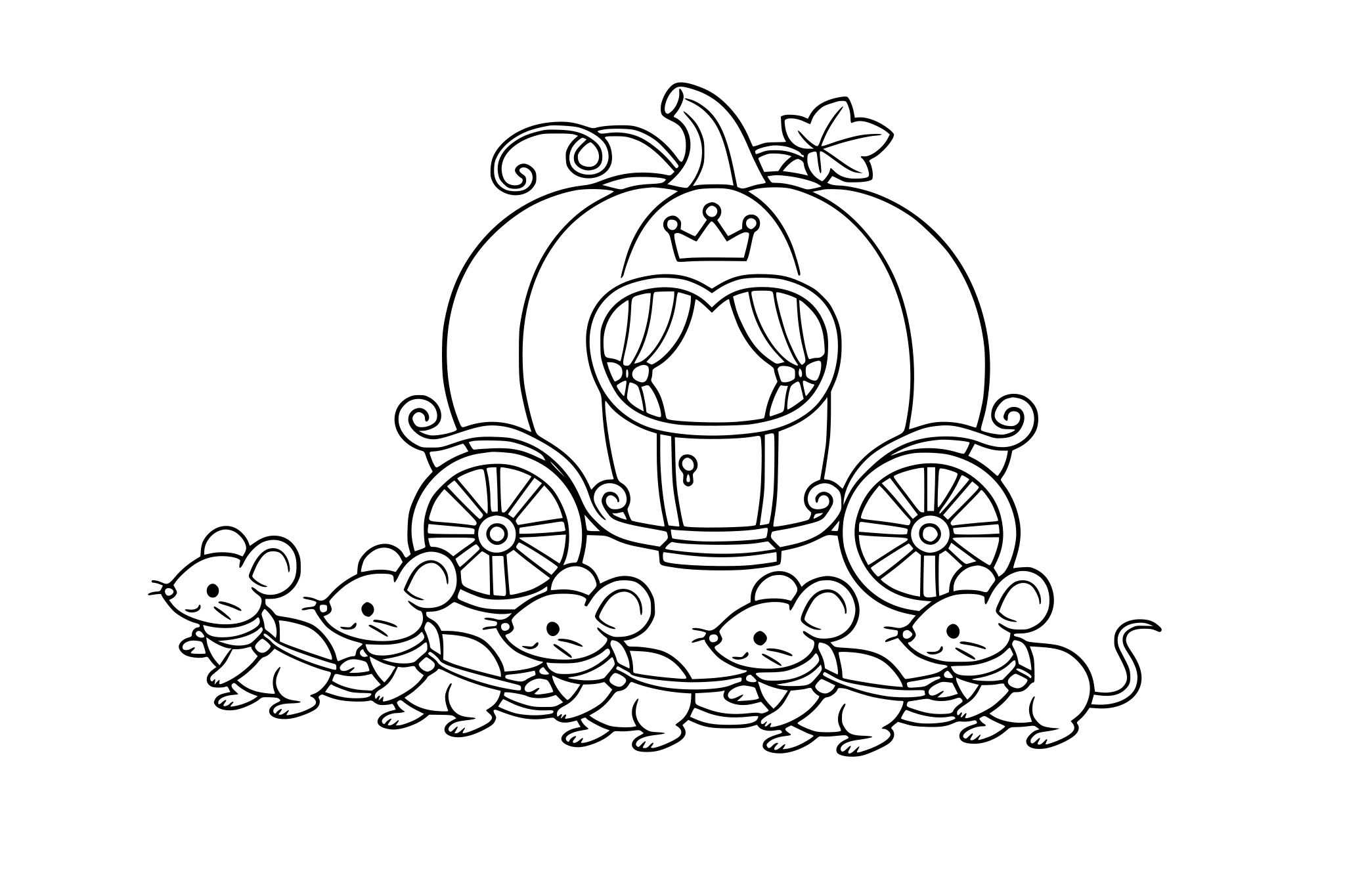 A pumpkin carriage pulled by mice. Keep rounded shapes + minimal line weight variation.