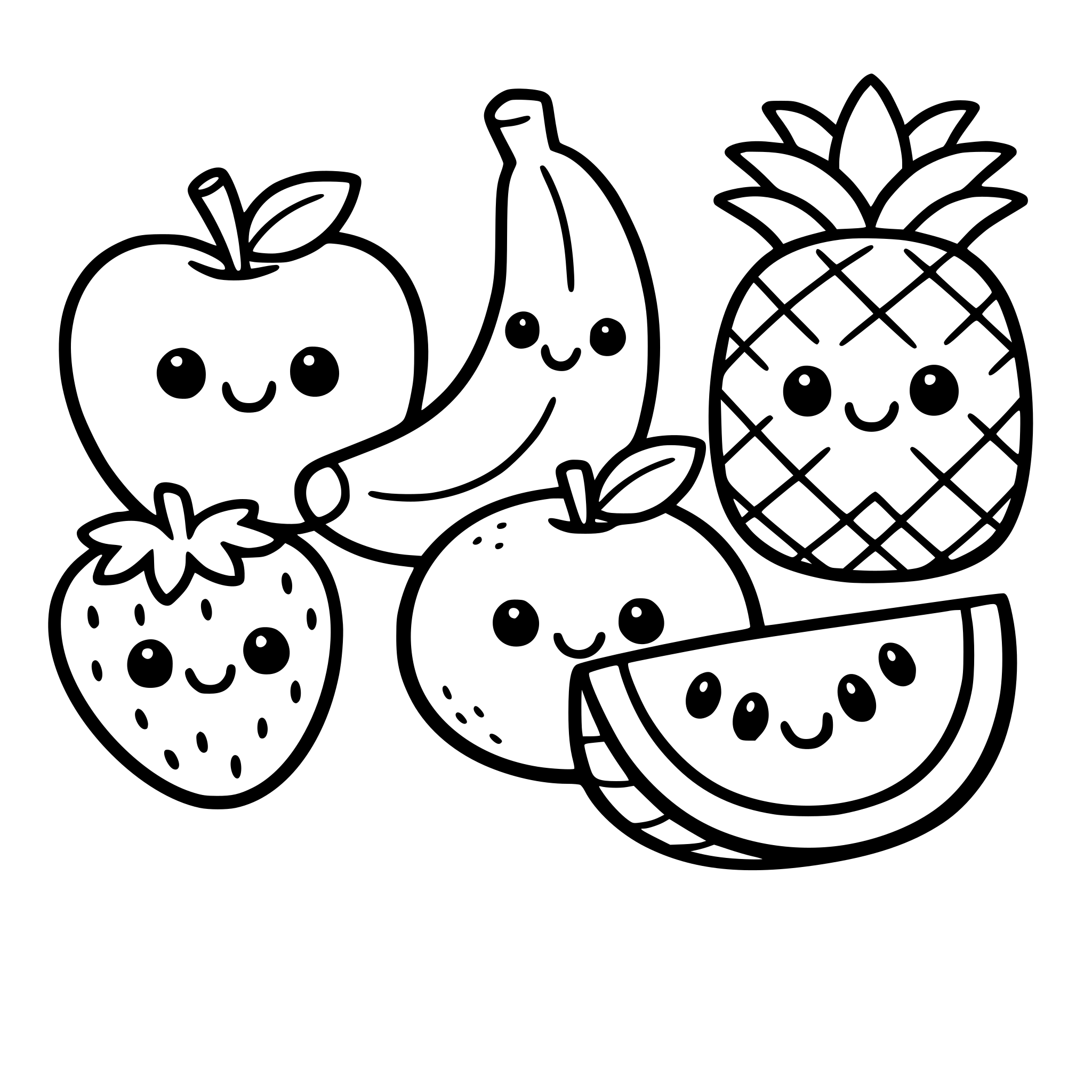 Cute fruit coloring pages, kawaii fruit characters with smiling faces, apple, banana, strawberry, orange, pineapple, watermelon, simple bold outlines, black and white line art, no shading, perfect for kids coloring book, high resolution, white background.