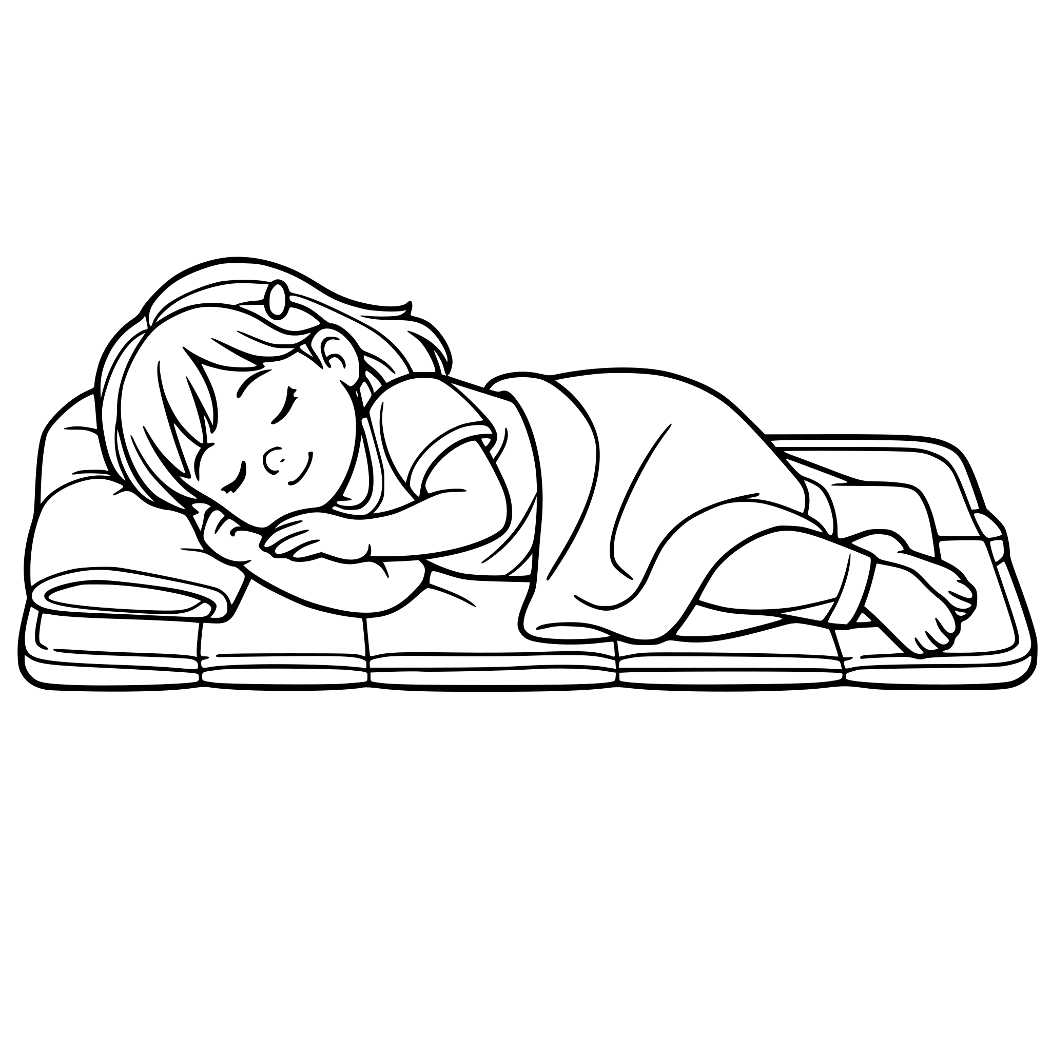One realistic little girl napping on a napping mat. White background, isolated.