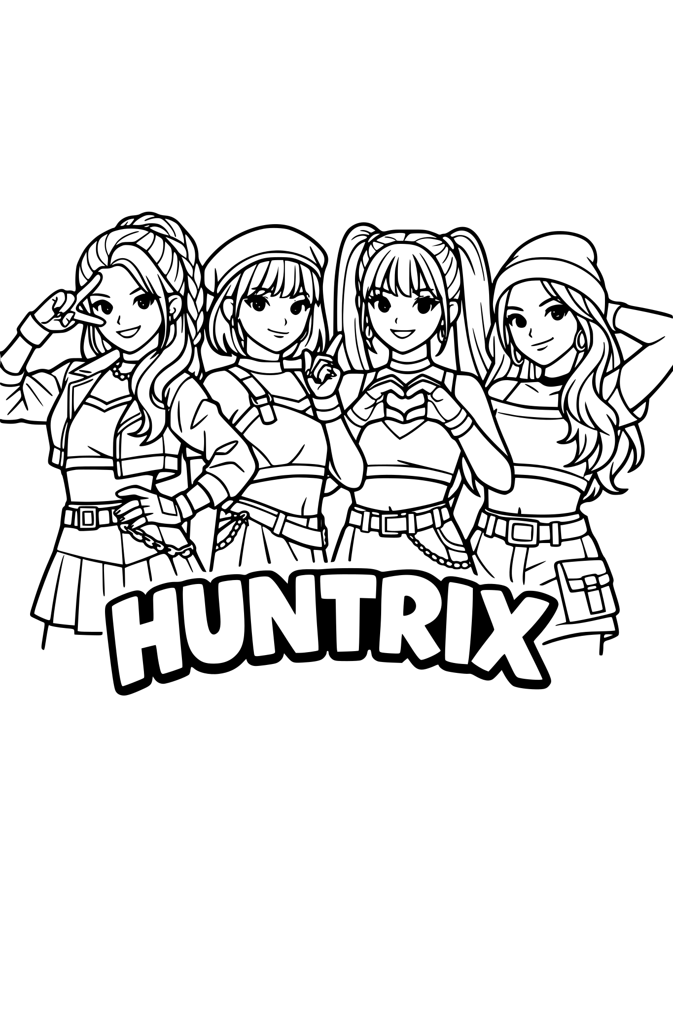 a coloring page of the korean pop huntrix girls