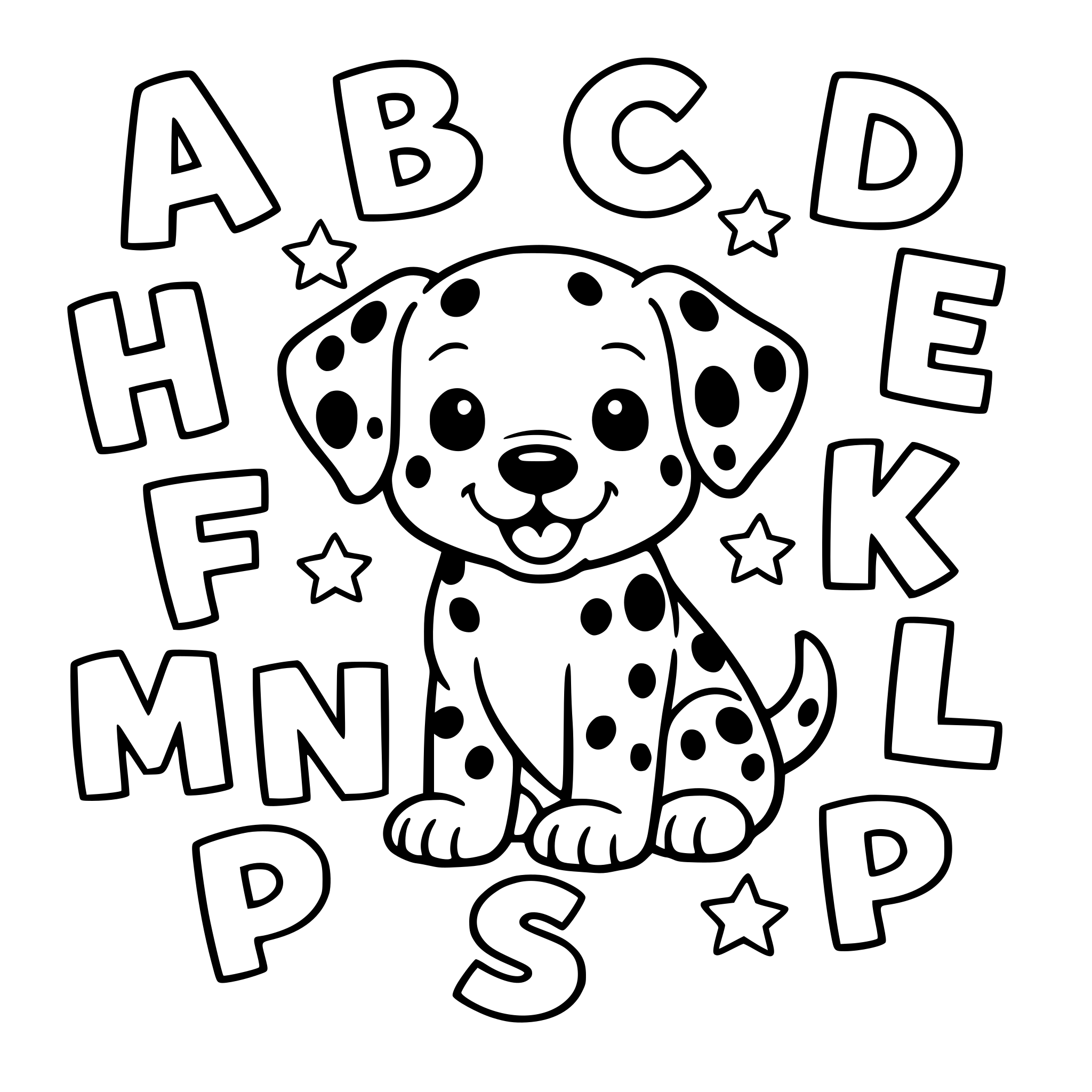 create an image of a dalmatian puppy with alphabet letters in the background.