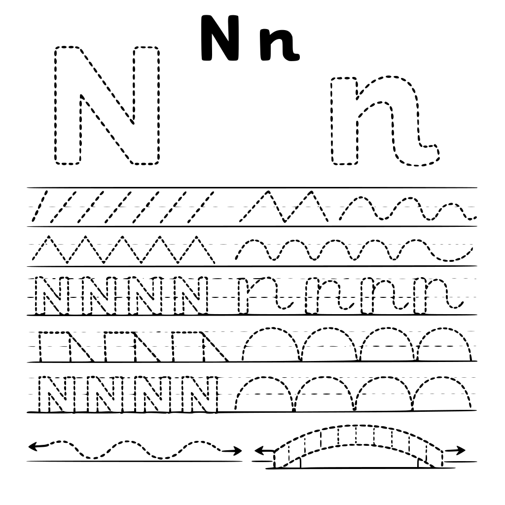 zrób całą listę ćwiczeń do litery N duże i n małe różne ślaczki wykropkowane dzięki którym nauczymy pisać się literkę N i n