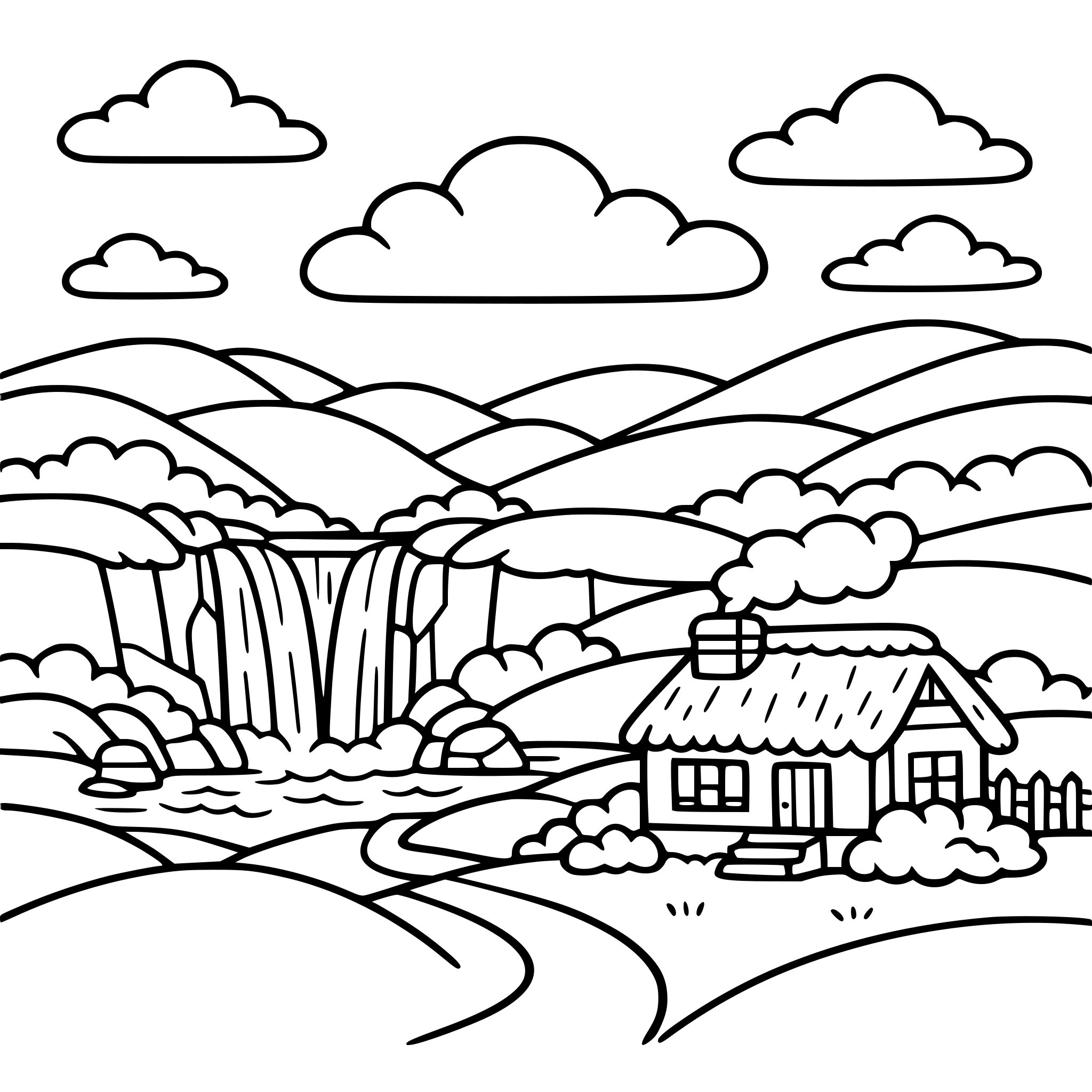 Cute cozy simple Meghalaya Rolling green hills with waterfall, cozy house, and clouds.