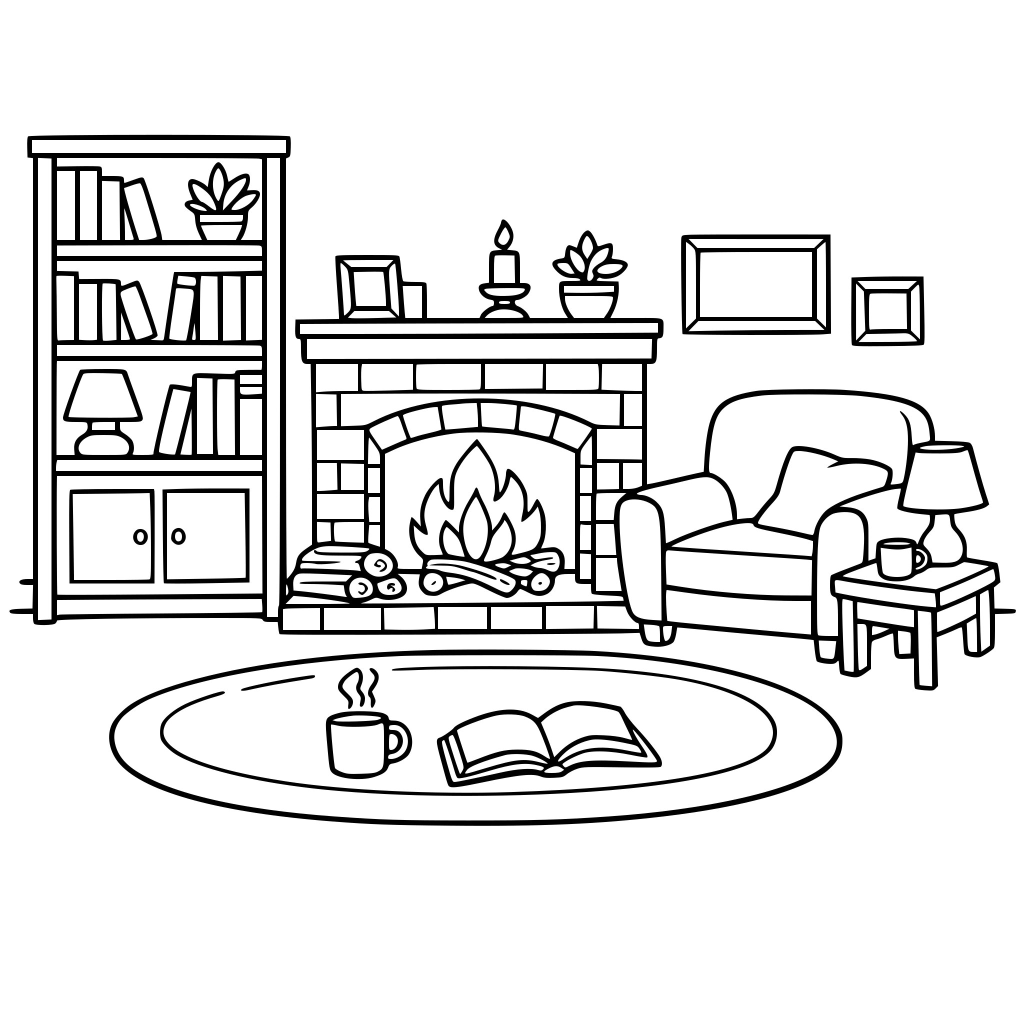 A cozy living room with a fireplace and a bookshelf