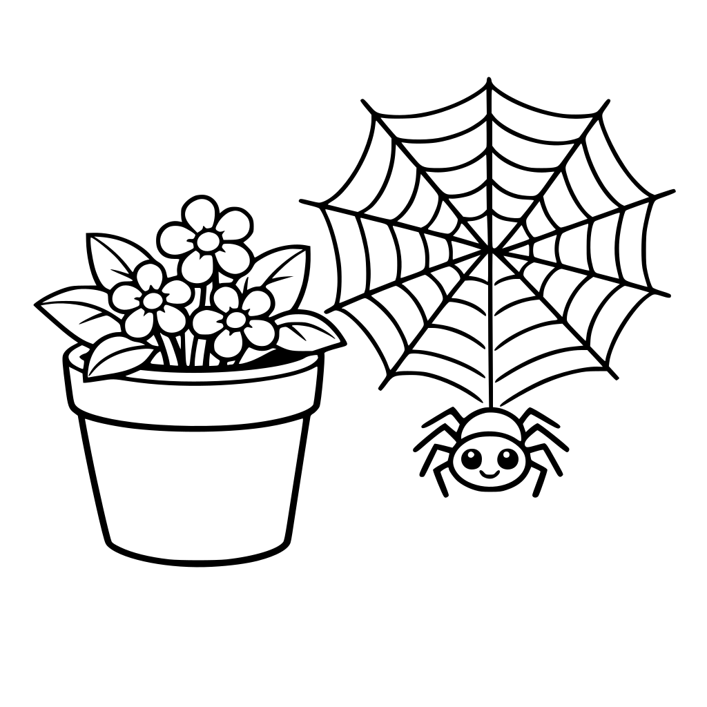 stwórz kolorowankę do zdania Obok doniczki był pajączek w pajęczynie