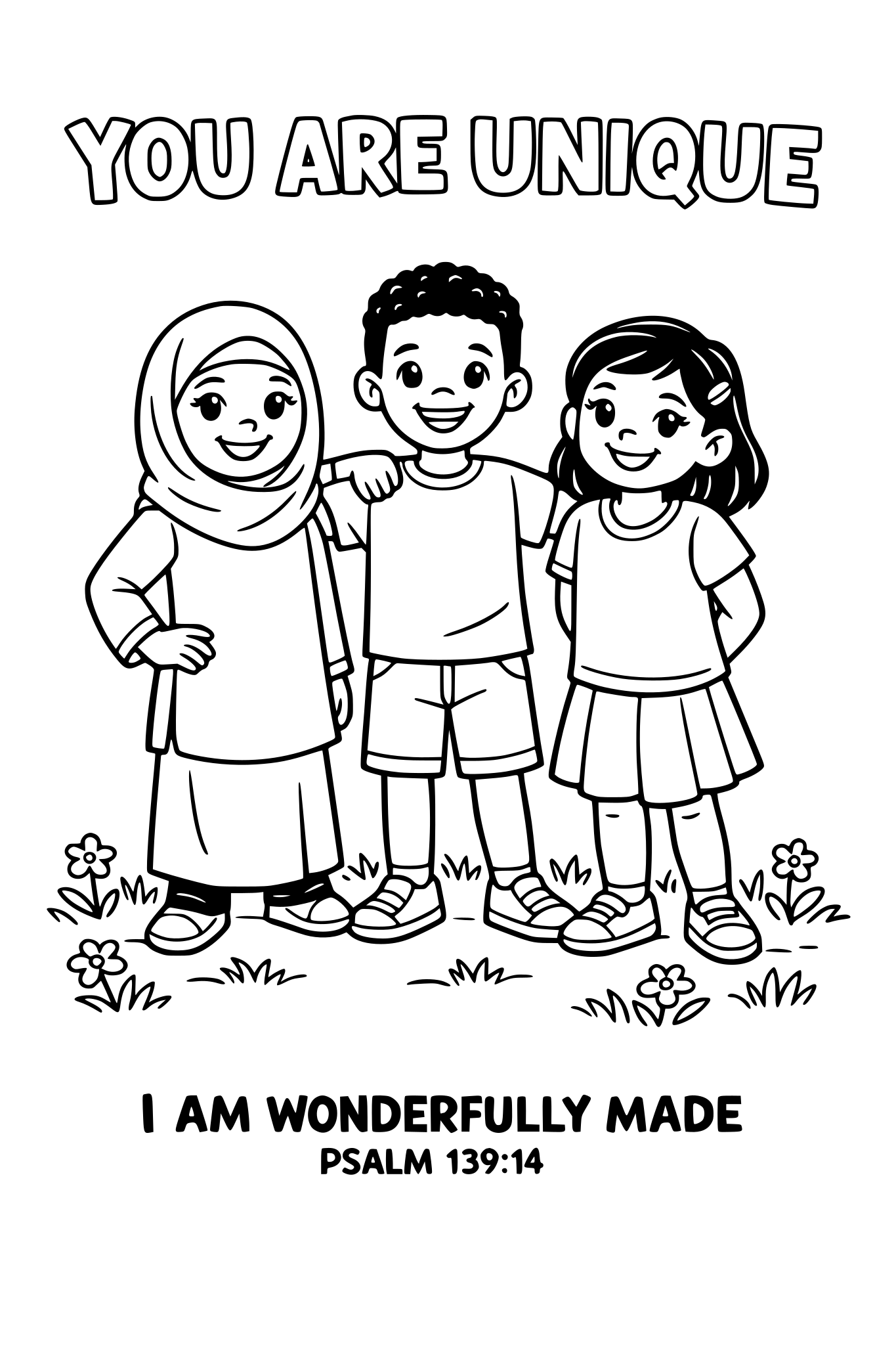Black and white coloring page, simple kids line art, 3 child